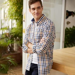 Chemise droite carreaux coton lin