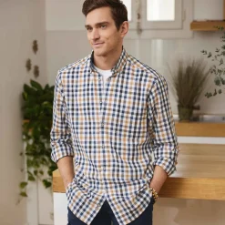 Chemise droite carreaux coton lin