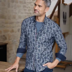 Chemise droite chambray imprimée col boutonnage caché