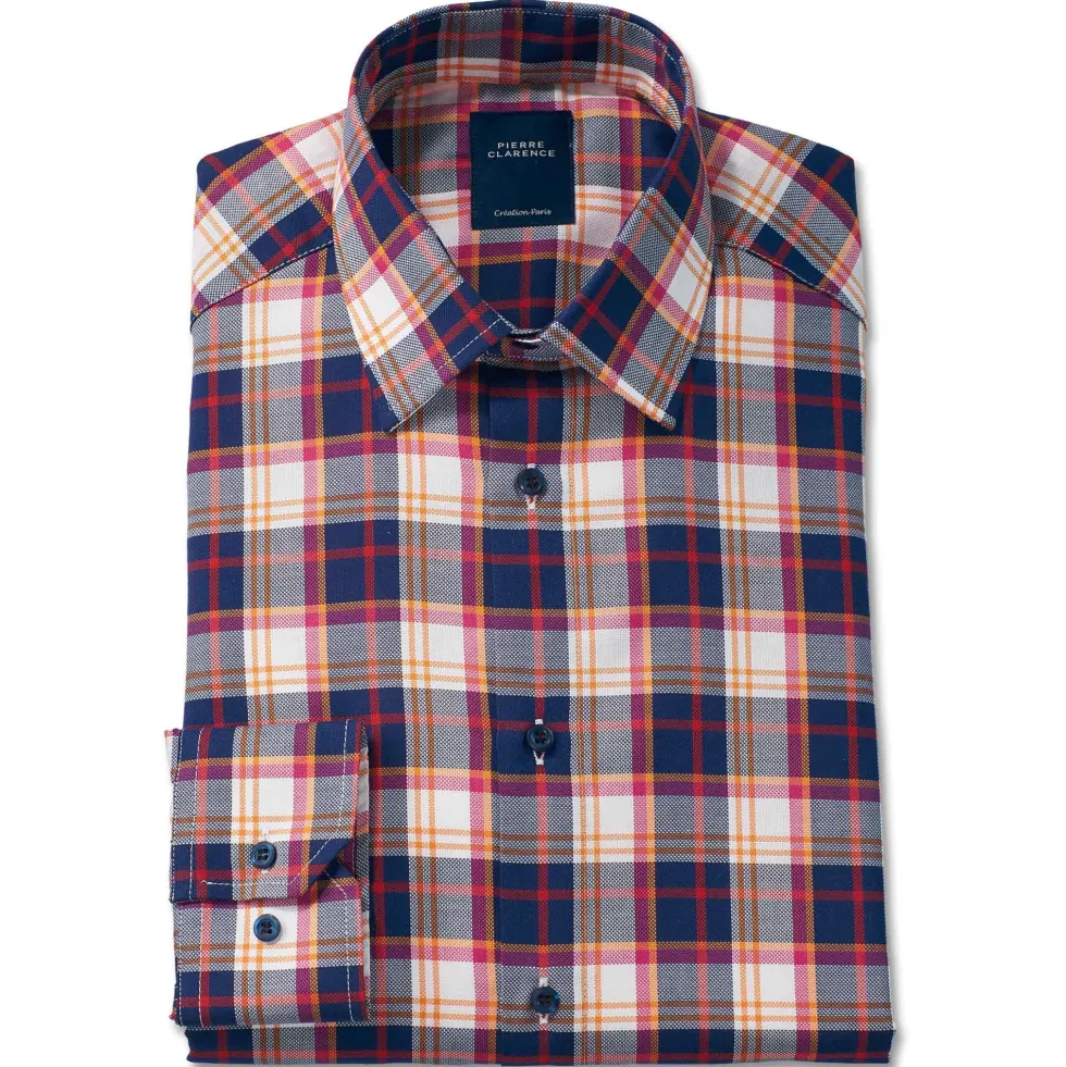 Chemise droite coton carreaux col semi-italien