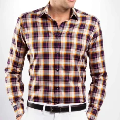Chemise droite coton carreaux col semi-italien