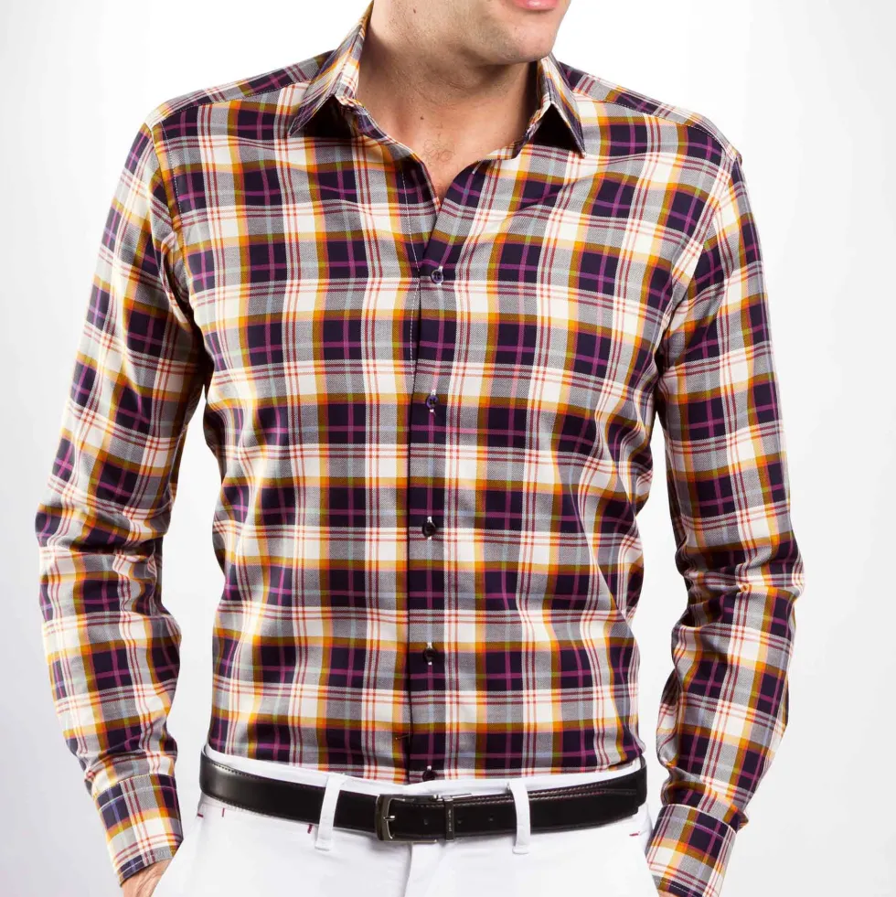 Chemise droite coton carreaux col semi-italien