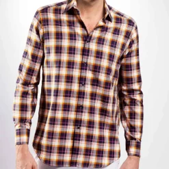 Chemise droite coton carreaux col semi-italien