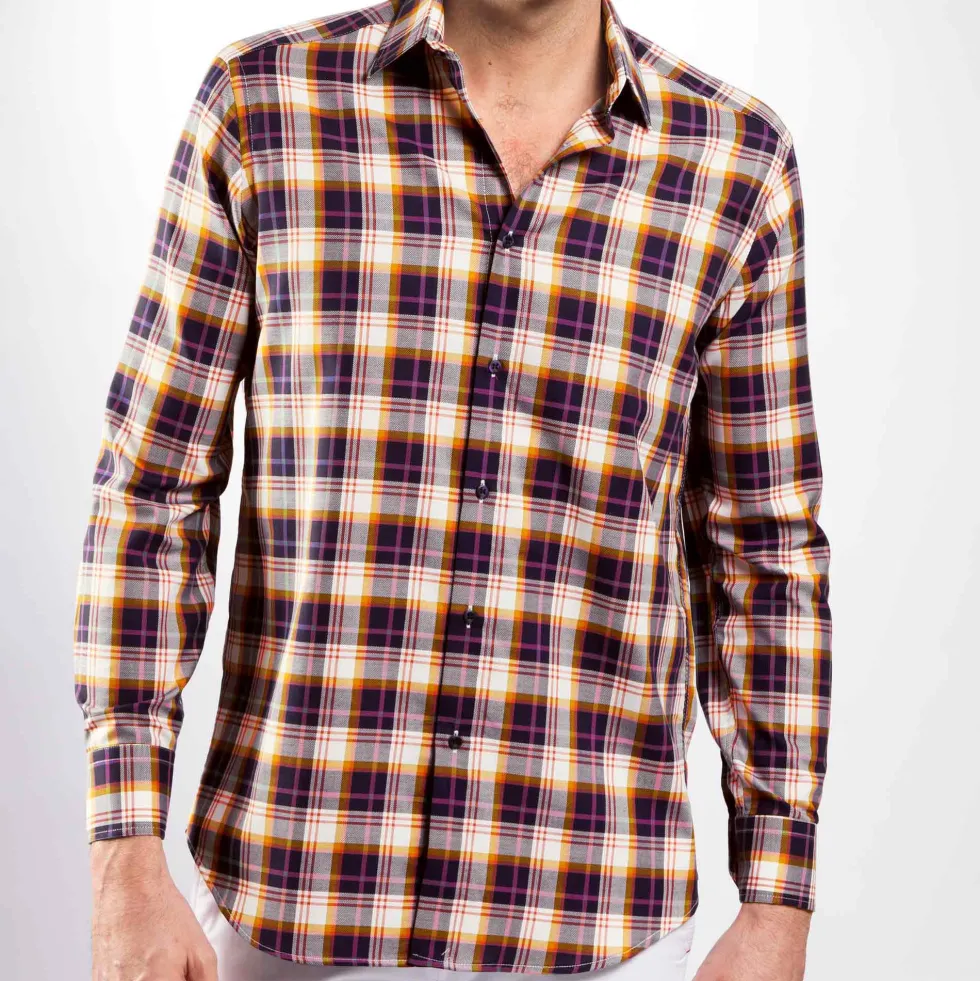 Chemise droite coton carreaux col semi-italien