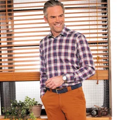 Chemise droite coton carreaux col semi-italien