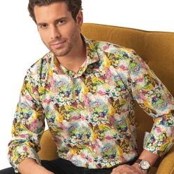 Chemise droite coton imprimée impressionniste col italien