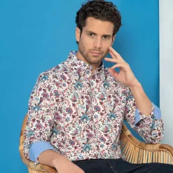 Chemise droite coton imprimée floral col boutonné