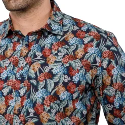 Chemise droite popeline imprimé floral col semi-italien