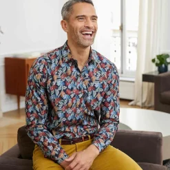 Chemise droite popeline imprimé floral col semi-italien