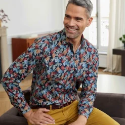 Chemise droite popeline imprimé floral col semi-italien