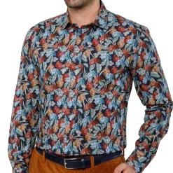 Chemise droite popeline imprimé floral col semi-italien
