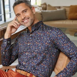 Chemise droite popeline imprimée col boutonnage caché