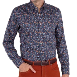 Chemise droite popeline imprimée col boutonnage caché