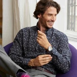 Chemise droite velours imprimé floral col boutonné